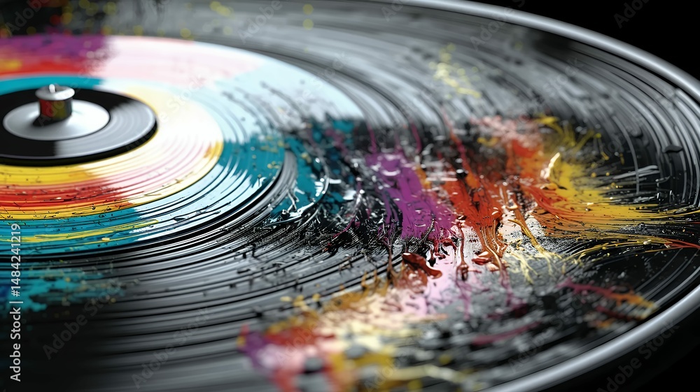Aufkleber an artistic vinyl record displaying vivid splashes of diverse colors creating a textured surface.