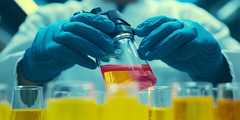 Scientist mixing colored liquids in lab