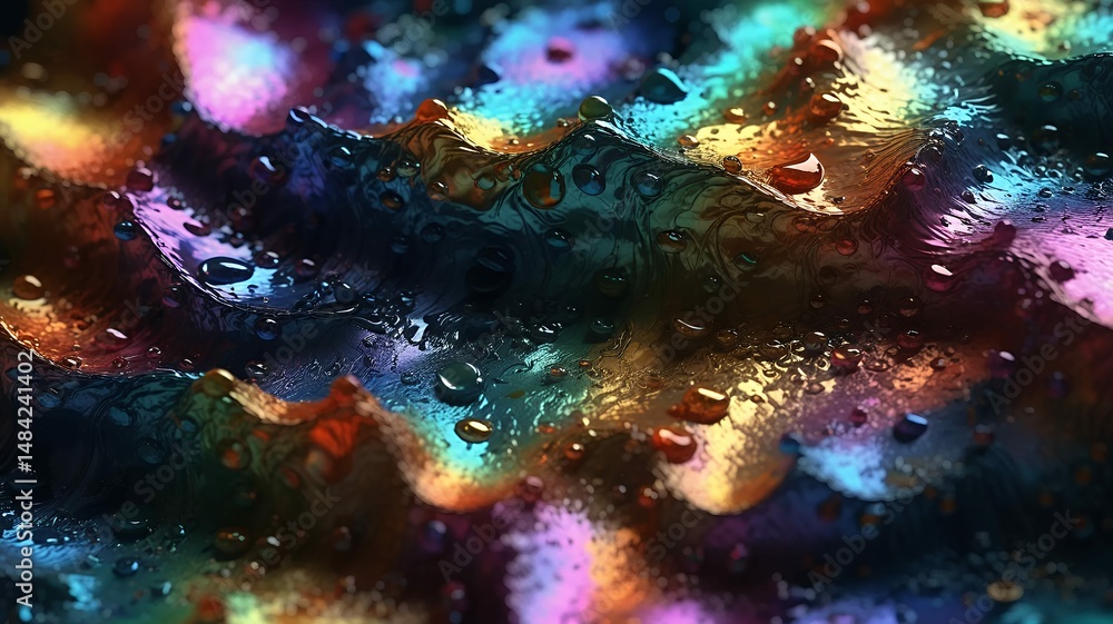 Poster abstract colorful textured background with water droplets and iridescent shimmering highlights and