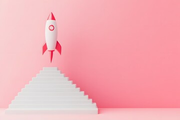 A minimalistic scene of an upward graph, with the steps shaped like stairs leading to a rocket made from money on top, symbolizing success and growth in the business or personal life