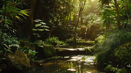 Lush Green Forest Stream Scene Illuminated By Bright Sunlight Creating A Tranquil Nature Landscape