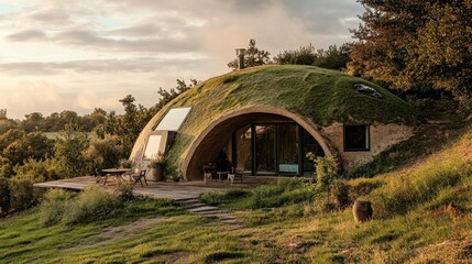 A dome-shaped earth house nestled into a hillside, harmonious with nature --ar 16:9 --v 6.1 Job ID: 91fbd052-fe57-441f-880b-39758a4f7feb