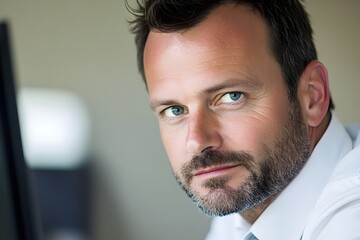 A handsome businessman in his thirties, wearing an elegant white shirt and tie, is sitting at a computer desk. The office environment features multiple computers on each side of him