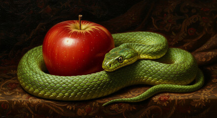 Dark atmosphere, apples and green snakes painted in oil