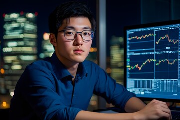 A handsome Asian man in his thirties is sitting at the desk, wearing glasses and a blue shirt, looking intently into an advanced computer monitor displaying financial charts