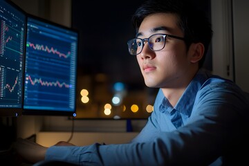 A handsome Asian man in his thirties is sitting at the desk, wearing glasses and a blue shirt, looking intently into an advanced computer monitor displaying financial charts