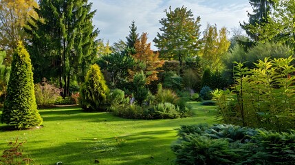 Lush Green Garden Landscape With Various Plants Trees and Sunlight in Summer