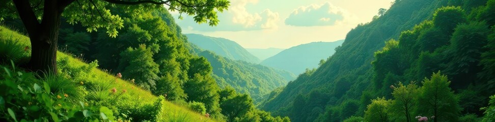 Naklejka premium Vibrant arc spans lush green valley, sunlight dappled leaves, trees, green, panoramic