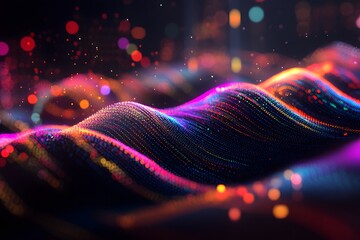 A stock market graph on a black background, with colorful candlestick charts and dynamic lines representing financial trends