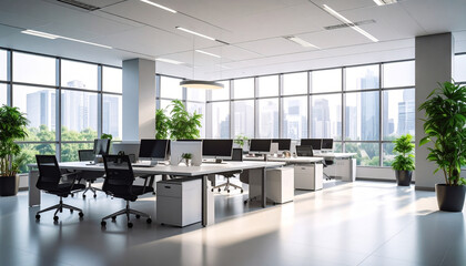 A view of a modern office with a bright background.