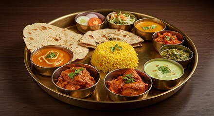 Delicious Indian Thali Platter featuring flavorful curries, rice, naan bread, and fresh salad