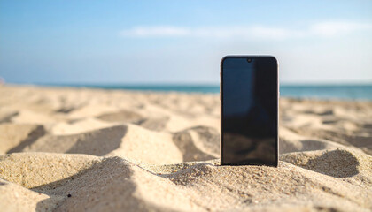 A close-up of a smartphone on the beach sand.
