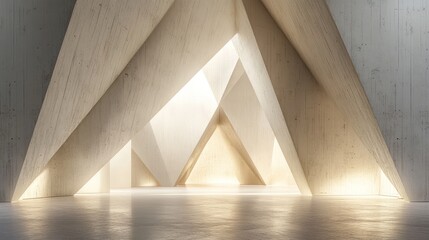 Modern, light-filled interior with geometric concrete walls. Sunlight streams through triangular openings