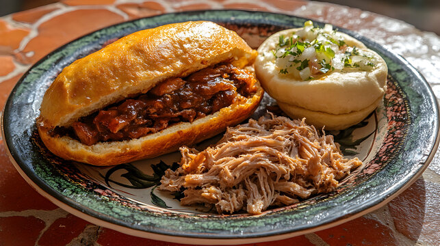 una torta o lonche de pan o bolillo con carne sabrosa y fresca con ensalada sobre un plato para la comida tradicional y casera