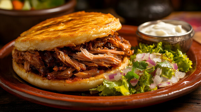 un lonche de bolillo o birote con carne deshebrada junto a un plato de ensalada y pure de papa deliciosa comida a la parrilla sabroso y fresco