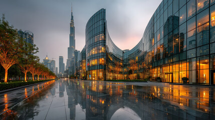 Fototapeta premium Modern bank building with glass facade reflecting skyline, surrounded by trees and wet pavement, creates serene atmosphere in city. scene captures beauty of urban architecture at dusk