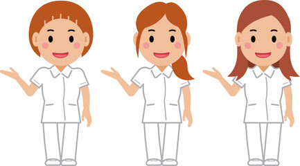 こちらへ、と笑顔の白制服の女性看護師。その2