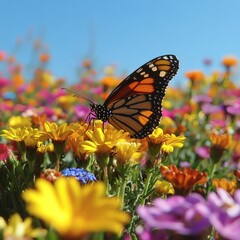 Fototapeta premium Monarch Butterfly on Colorful Wildflowers in Sunny Field