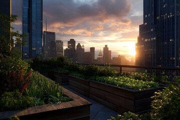 Fototapeta premium Urban rooftop garden at sunset with city skyline view.