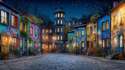 Fototapeta premium Night Street Scene Colorful Graffiti Buildings Cobblestone Road Urban Night Photography