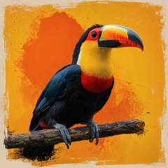 Fototapeta premium Colorful Toucan Perched on a Branch with Sunset Background