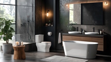 Modern industrial bathroom with large windows, showcasing a sleek design