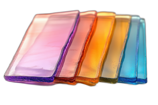 A row of vibrant glass blocks, each in a different color, standing upright. Isolated on transparent background.