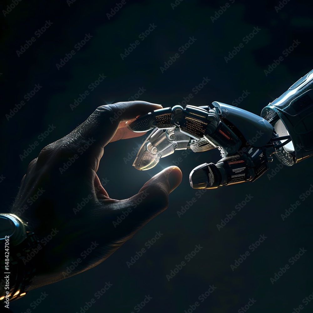 Poster automated precision: two robotic hands engaging in a dark digital space.