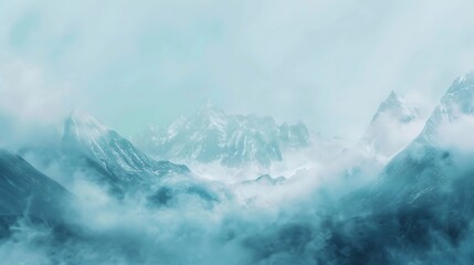 Mystical Misty Mountains Range With Blue Tones And White Snow Under Foggy Cloudy Sky