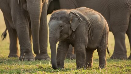 Baby elephant calf walking with family in the wild animal kingdom safari 4k video