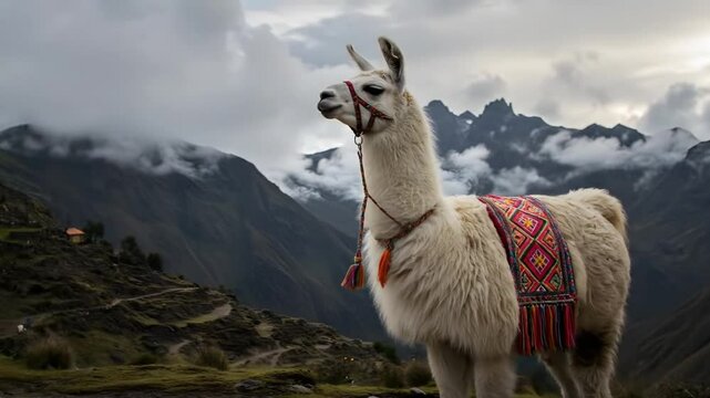 Llama in peruvian andes mountains scenic landscape travel photography 4k video