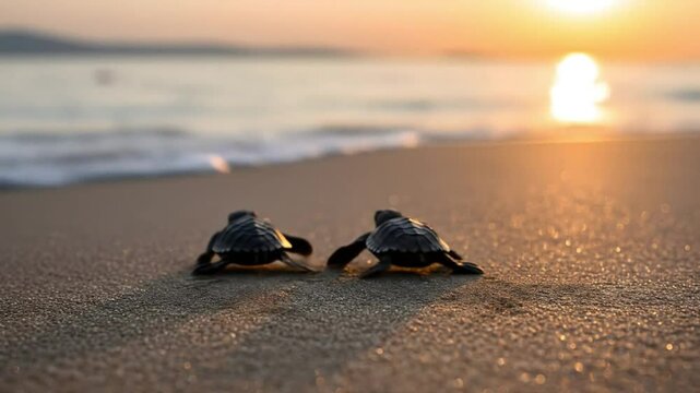 Baby sea turtles heading to the ocean at sunset on the beach wildlife 4k video