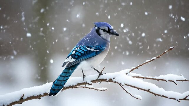 Blue jay perched on snowy branch in winter wonderland stock photography 4k video