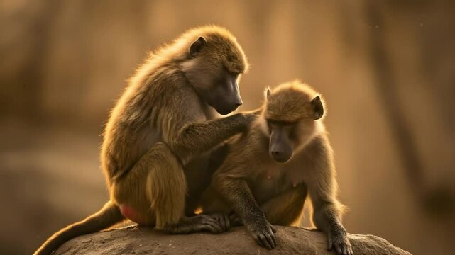 Two baboons grooming each other in the wild animal kingdom of africa 4k video