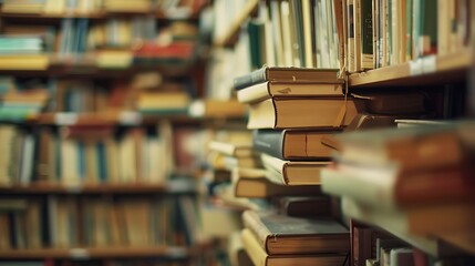 Old Books Stacked On Wooden Shelves Creating A Library Background