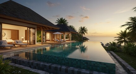 Tropical paradise villa retreat with ocean view at sunset serene escape