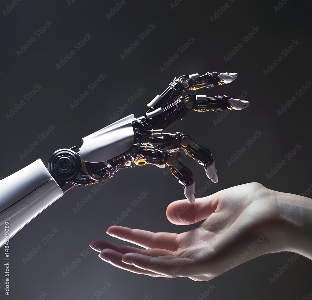 Poster extending beyond: robotic and human hands reaching for connection.