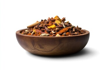 A wooden bowl filled with a mix of aromatic spices, including cinnamon, cloves, star anise, and turmeric.