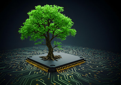 Green Technology: A Thriving Tree on a Microchip Symbolizing Sustainable Computing and Eco-Conscious Digital Innovation
