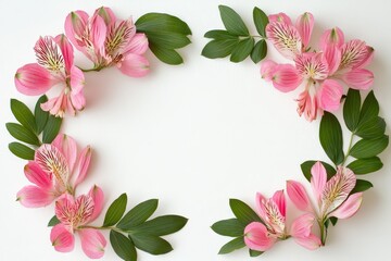 Fototapeta premium Delicate pink floral frame on a white background.