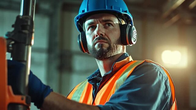 Focused and Alert: An industrial worker, clad in safety gear, fixated on their task with an unwavering gaze. The scene highlights concentration, determination, and commitment to their craft.