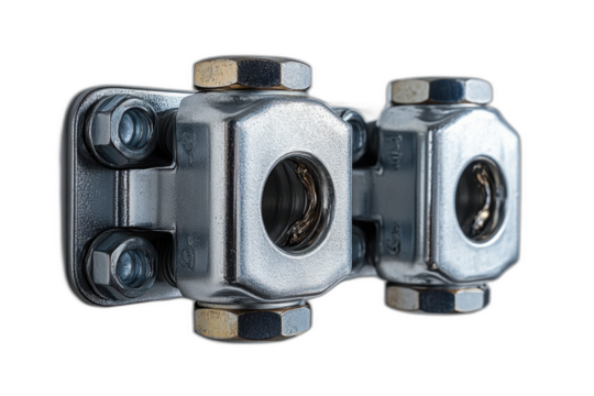 Close up of metal pipe fitting device with threaded ends and grooved surface, isolated on transparent background.