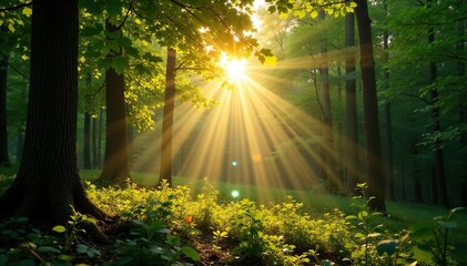 Obraz premium Golden hour sunlight streams through lush Canadian forest, illuminating vibrant green leaves and dappled shadows , daylight scene, woodland scene, flora