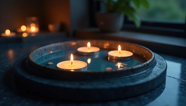 Serene floating candles in a dark blue water basin, illuminated in a dimly lit room , evening, light