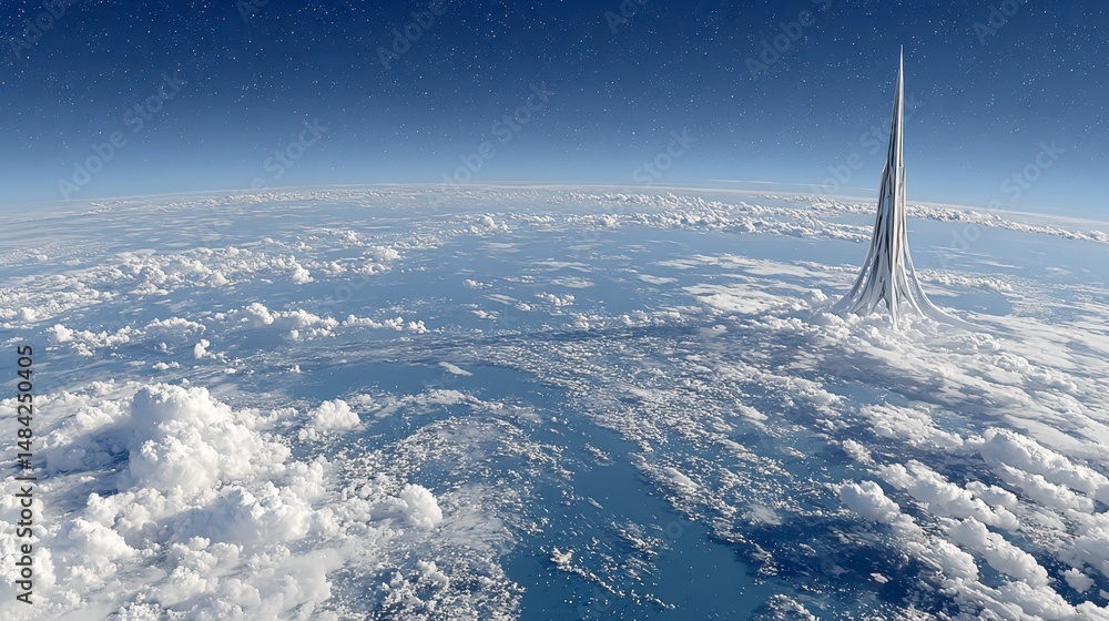Poster futuristic skyscraper above clouds aerial view space architecture design