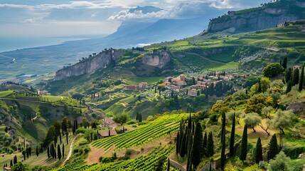 Naklejka premium Panoramic Mountain Valley View Of Green Hills And Coastal Town Under Sunny Sky