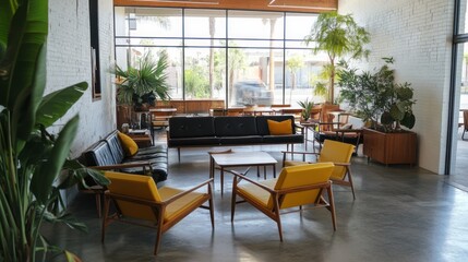 Obraz premium Modern, bright interior design with comfortable seating and large windows overlooking an outdoor space