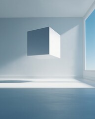 Floating Cube in Minimal Blue Room with Window Light