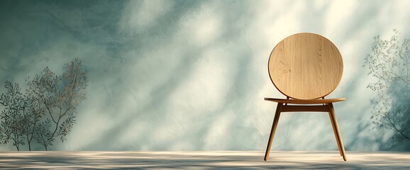 Wooden chair with round back, against misty textured wall, nature elements