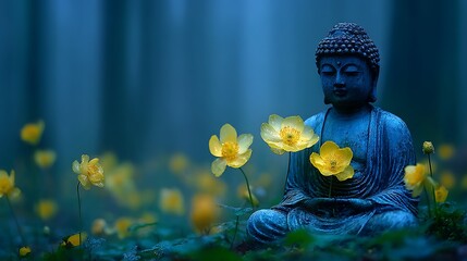 Serene Buddha Statue in Misty Forest with Yellow Flowers.
